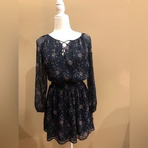 Abercrombie and Fitch Navy Floral Dress with Sheer Sleeves, Size S